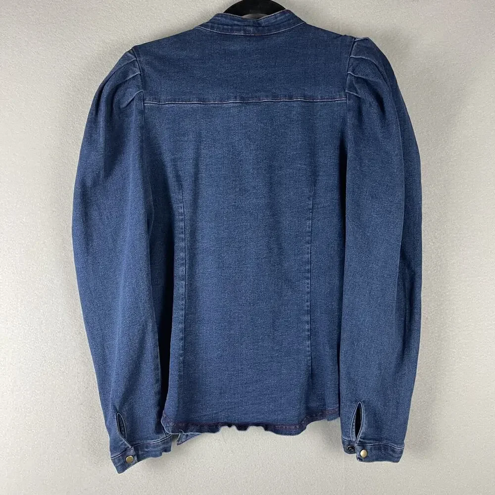 Aaron & Amber Denim Top Womens Large Blue Puff Sleeve Tie Neck Snap Button Heavy - Picture 11 of 16